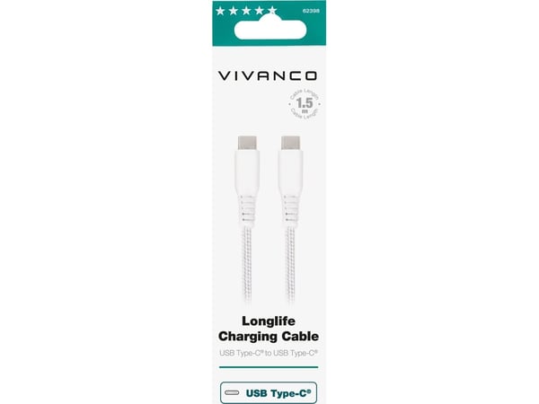 Longlife USB-C/C 2.0 kaapeli 1.5m Valkoinen