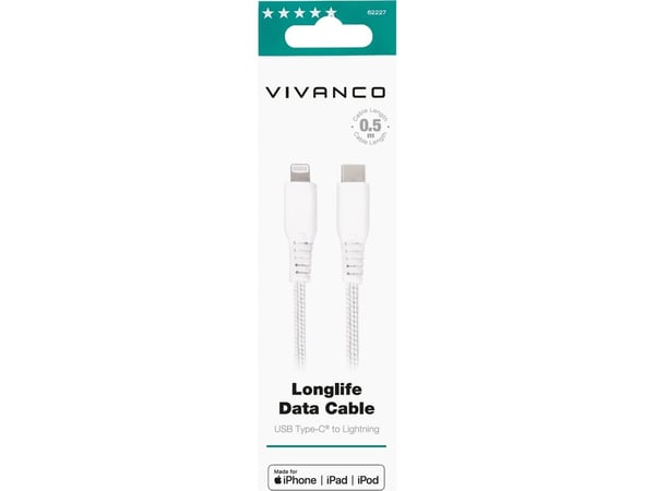 Vivanco LongLife, 0,5 m, Lightning, USB C, Uros, Uros, Valkoinen