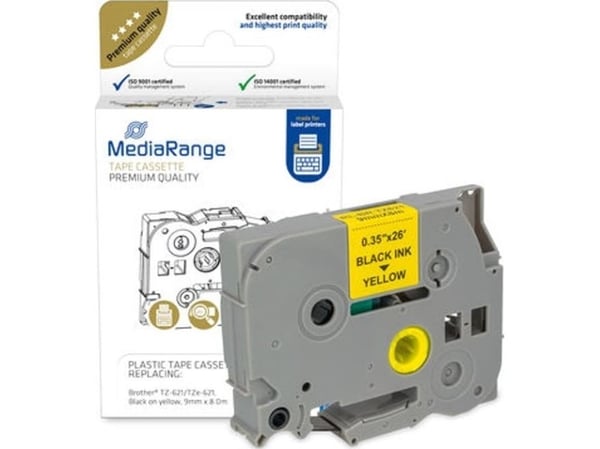 MediaRange - Laminert - permanet adhesiv - svart på gult - Rull (0,9 cm x 8 m) 1 kassett(er) hengeboks - merketape (alternativ for: Brother TZ-621,...