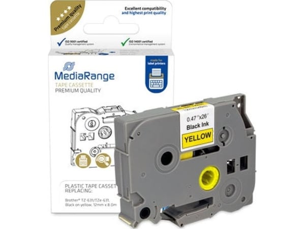 MediaRange - Laminert - permanet adhesiv - svart på gult - Rull (1,2 cm x 8 m) 1 kassett(er) hengeboks - merketape (alternativ for: Brother TZ-631,...