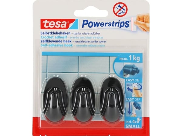 TESA Powerstrips, Innendørs, Universalkrok, Sort, Polystyren (PS), Limstrimmel, 1 kg