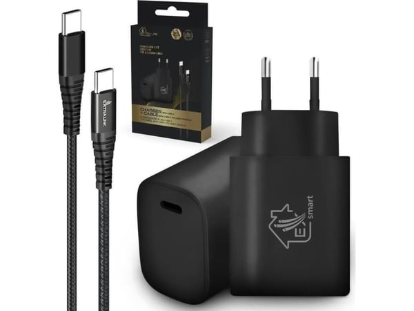 Extralink Smart Life | Rinkinys USB Type-C to Type-C, 200cm, Juodas + kroviklis 18W PD3.0 | Juoda