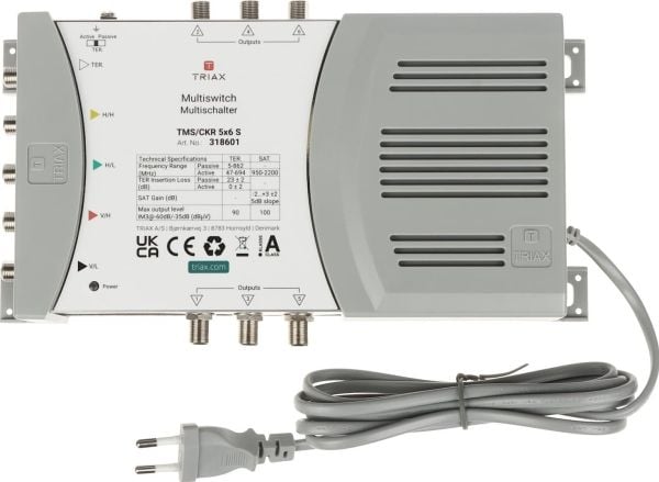 Triax 318601, 5 innganger, 6 utganger, 950 - 2200 MHz, 47 - 694 MHz, 180 - 264 V, -20 - 55 °C