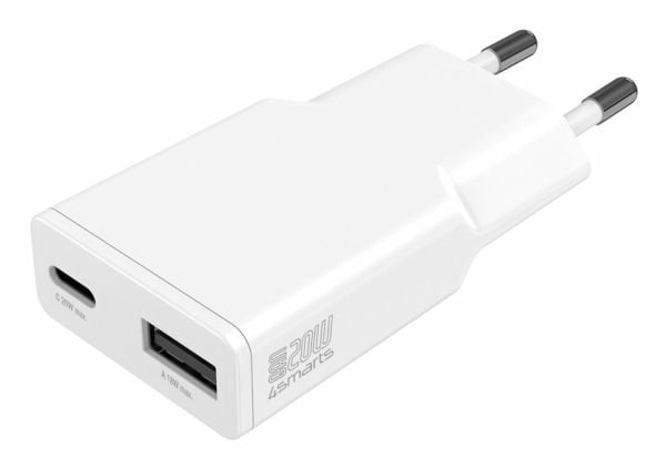 4smarts - Strømadapter - GaN, slim - 20 watt - 3 A - PD 3.0, SCP, QC 2.0, QC 3.0, AFC - 2 utgangskontakter (24 pin USB-C, USB-type A) - hvit
