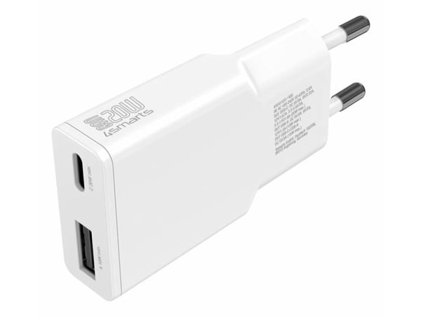 4smarts - Strømadapter - GaN, slim - 20 watt - 3 A - PD 3.0, SCP, QC 2.0, QC 3.0, AFC - 2 utgangskontakter (24 pin USB-C, USB-type A) - hvit