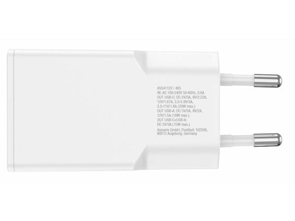 4smarts - Strømadapter - GaN, slim - 20 watt - 3 A - PD 3.0, SCP, QC 2.0, QC 3.0, AFC - 2 utgangskontakter (24 pin USB-C, USB-type A) - hvit