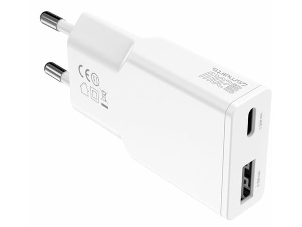 4smarts - Strømadapter - GaN, slim - 20 watt - 3 A - PD 3.0, SCP, QC 2.0, QC 3.0, AFC - 2 utgangskontakter (24 pin USB-C, USB-type A) - hvit