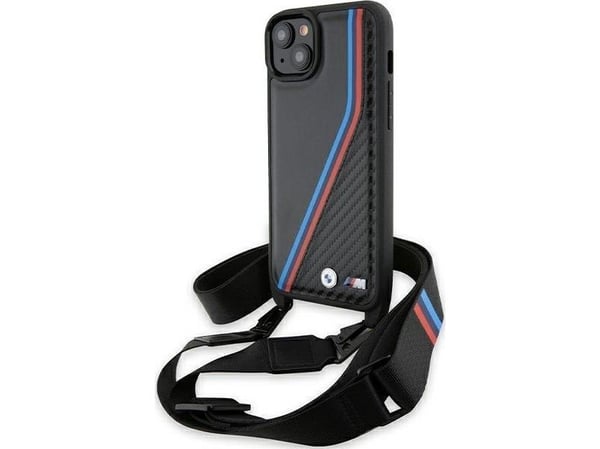 BMW Case BMHCP15M23PSVTK Apple iPhone 15 Plus / 14 Plus hardcase M Edition Carbon Tricolor Lines &amp; Strap svart / svart