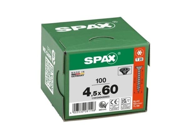 SPAX BLAX, Skru, Stål, Tre, Flat, Generell nytte, Forsenket hode