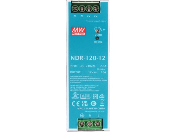 MEAN WELL NDR-120-12, 120 W, 115 - 230 V, 47 - 63 Hz, 1.3 A, 16 ms, 85,5%