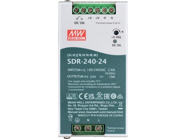 Mean Well SDR-240-sarja SDR-240-24 - Virtalähde (DIN-kiskoon asennettava) - AC 115/230 V - 240 wattia - aktiivinen PFC-järjestelmä
