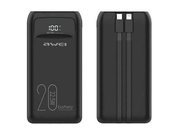 AWEI PowerBank P169K 20000mAh 22,5W svart/svart skjerm + PD/Lightning-kabler