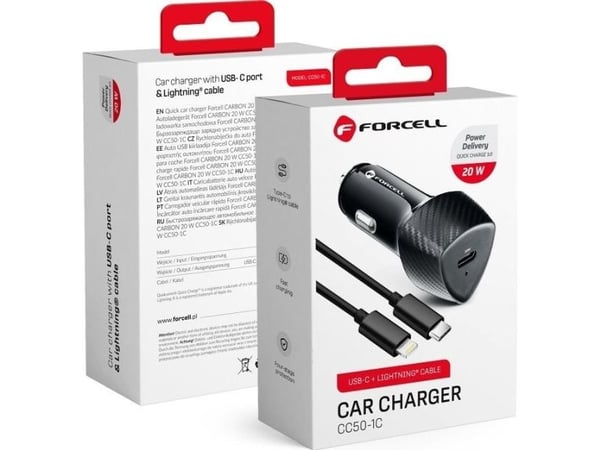 ForCell F-ENERGY Carbon CC50-1C bil­lader Type C + kabel Type C til Lightning PD 3A 20W svart