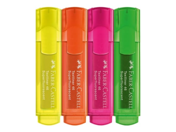 Faber-Castell Textmarker 46 Superfluorescent, 4 kpl, Vihreä, Oranssi, Vaaleanpunainen, Keltainen, Taltan pää, 1 mm, 5 mm, Vesipohjainen muste
