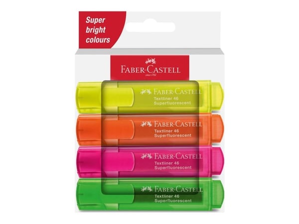 Faber-Castell Textmarker 46 Superfluorescent, 4 stk, grønn, oransje, rosa, gul, meiselspiss, 1 mm, 5 mm, vannbasert blekk