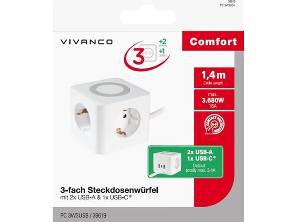 Vivanco PC 3W3USB, 1,4 m, 3 AC-pistorasia(a), Sisätila, Tyyppi F, Type F (CEE 7/4), Suora