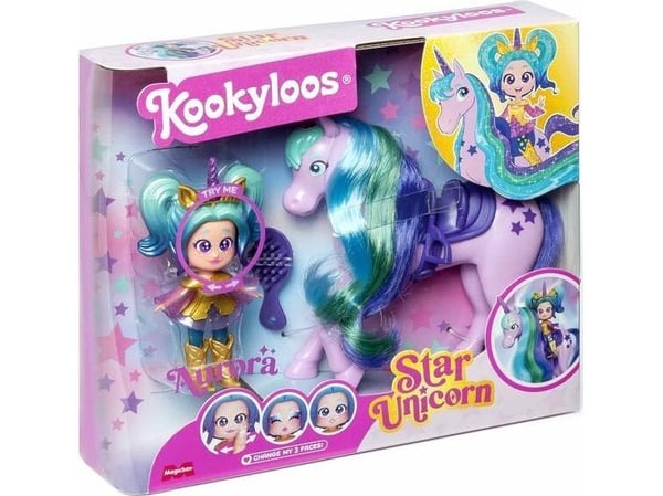 Magic Box KookyLoos Star Aurora nukke + yksisarvinen hiuksineen + tarvikkeet
