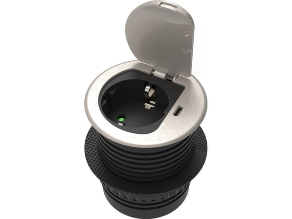 Orno Upotettava pistorasia huonekaluihin ?6cm suojuksella, USB-laturi ja kaapeli 1,9m, 1x2P+Z (Schuko), 1xUSB (tyyppi C; 20W), hopea