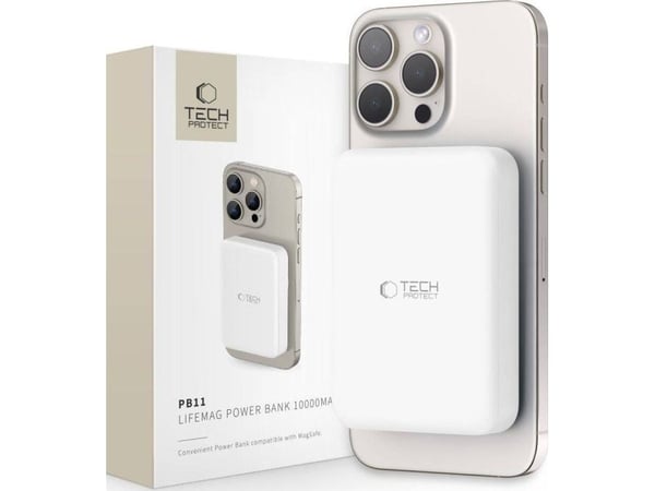 Powerbank Tech-Protect LifeMag PB11 med MagSafe 10000mAh 15W USB-C-port - hvit + USB-C-kabel