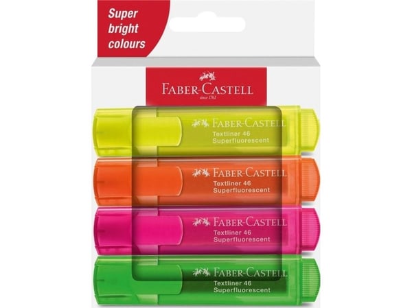 Faber-Castell Textmarker 46 Superfluorescent, 4 stk, grønn, oransje, rosa, gul, meiselspiss, 1 mm, 5 mm, vannbasert blekk