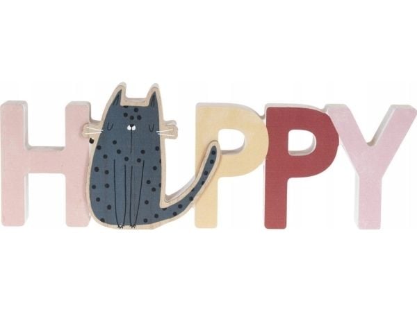 Home Styling Collection veggdekor til barnerom skrift og katt, tre, 28 x 2,5 x 12 cm
