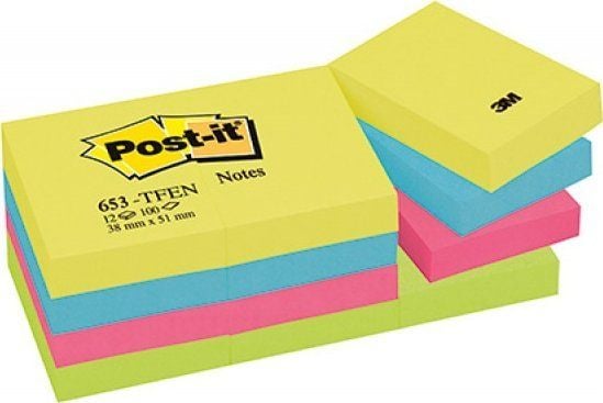 Post-It 653TFEN, firkant, Flerfarget, Papir, 38 mm, 51 mm, 100 ark
