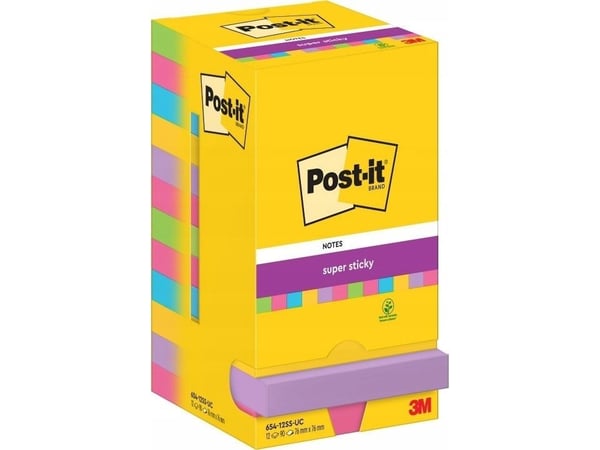 Post-It 654-12SS-UC, firkant, Blå, Grønn, Rosa, Lilla, Gult, Papir, PEFC, 76 mm, 76 mm