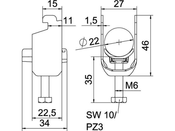 OBO BS-N1-K-22 FT U-kiinnike 2056 16-22mm kuumasinkitty 1187214 100 (1187214)