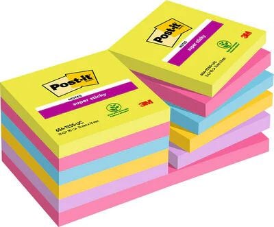 Post-It 654-12SS-UC, firkant, Blå, Grønn, Rosa, Lilla, Gult, Papir, PEFC, 76 mm, 76 mm