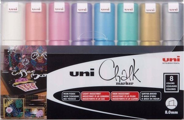 Uni-Ball ChalkGlass PWE-8K, Grön, Ljusblå, Orange, Rosa, Röd, Violett, Vit, Gul, Mejsel, 8 styck