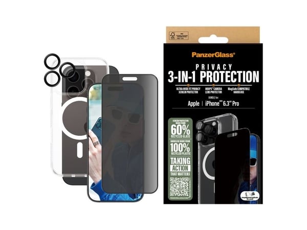 PanzerGlass ® 3-in-1 Privacy Protection Bundle iPhone 16 Pro, Apple, Apple - iPhone 16 Pro, Tørr påføring, Ripebestandig, Sjokkresistent, Gjennomsi...