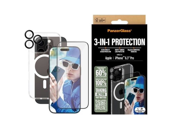 PanzerGlass - 3-i-1 beskyttelsespakke - baksidedeksel for mobiltelefon - ultrabred passform med EasyAligner - MagSafe-samsvar - resirkulert plast -...