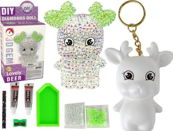 LeanToys DIY diamant-rensdyrset DIY krysselsaker 3D nyckelring vit