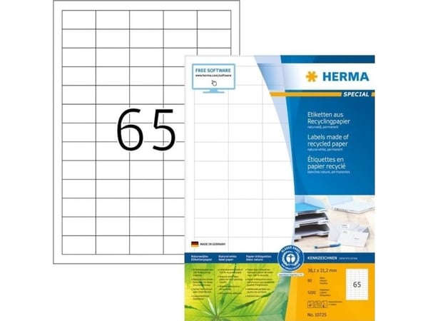 HERMA 10725, Hvit, Selvklebende skriveretikett, Utstanset etikett, Papir, Laser/Blekkskriver, Permanent