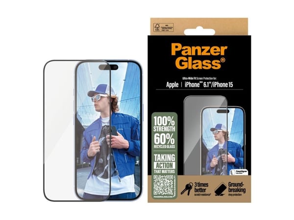 PanzerGlass - Skjermbeskyttelse for mobiltelefon - ultrabred passform - glass - rammefarge svart - for Apple iPhone 15, 16