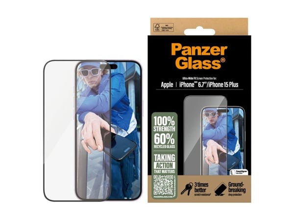 PanzerGlass - Skjermbeskyttelse for mobiltelefon - ultrabred passform - glass - rammefarge svart - for Apple iPhone 15 Plus, 16 Plus