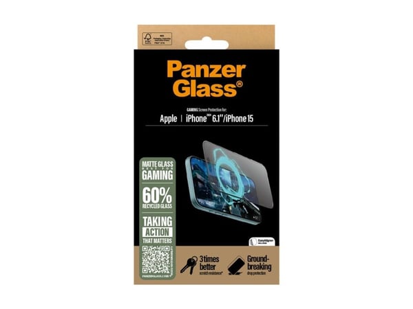 PanzerGlass Gaming - Skjermbeskyttelse for mobiltelefon - ultrabred passform - glass - rammefarge svart - for Apple iPhone 15, 16