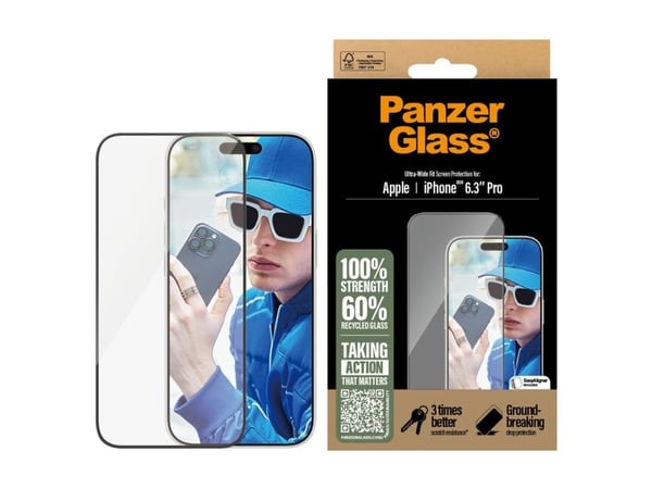 PanzerGlass - Skjermbeskyttelse for mobiltelefon - ultrabred passform - glass - rammefarge svart - for Apple iPhone 16 Pro