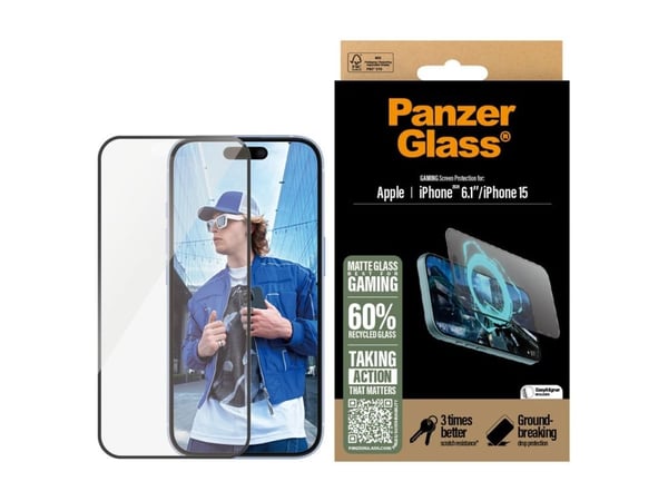 PanzerGlass Gaming - Skjermbeskyttelse for mobiltelefon - ultrabred passform - glass - rammefarge svart - for Apple iPhone 15, 16
