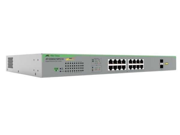 Allied Telesis AT GS950/18PS V2 - Switch - smart - 16 x 10/100/1000 (PoE+) + 2 x 1000Base-X - skrivbordsmodell, rackmonterbar, väggmonterbar - PoE+...