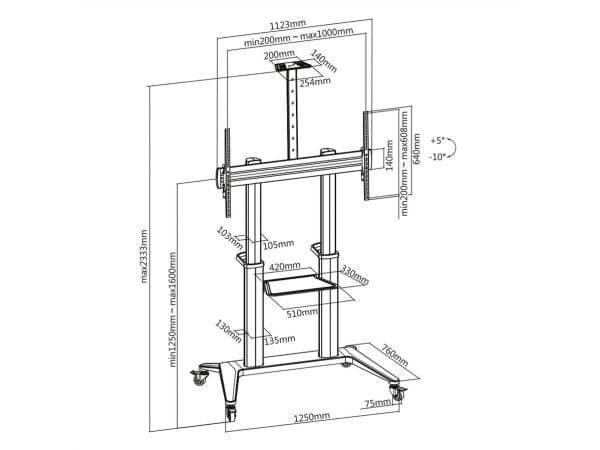ROLINE 17.03.1263, Multimediavogn, Sort, 140 kg, 5 kg, 177,8 cm (70"), 3,05 m (120")