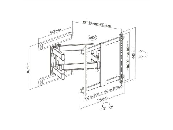 ROLINE 17.03.1246, 200 x 200 mm, 600 x 400 mm, -10 - 5°, -60 - 60°, Aluminium, Plast, Stål, Sort