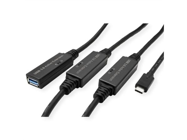 ROLINE Ultralang USB3.2 Gen1 skjøtekabel C-A ST/BU 20 m - Kabel - Digital/Data - 20 m - Sort (12.04.1068)