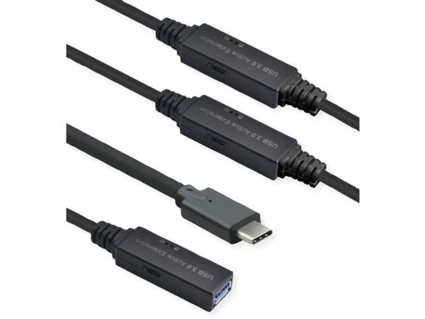 ROLINE Ultralang USB3.2 Gen1 skjøtekabel C-A ST/BU 20 m - Kabel - Digital/Data - 20 m - Sort (12.04.1068)