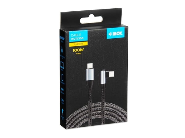 iBOX - USB-kabel - USB-C (hann) rett til USB-C (hann) vinklet - USB 2.0 - 20 V - 5 A - 2 m - USB Power Delivery (100 W) - grå, svart