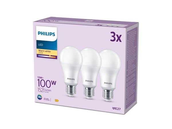 Philips Lamppu 100W A65 E27 x3, 13 W, 100 W, E27, 1521 lm, 15000 h, Lämmin valkoinen