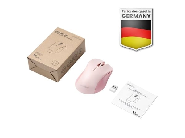 Perixx PERIMICE-621, Høyre hendt, Optisk, RF Wireless + Bluetooth + USB Type-A, 1600 DPI, Rosa
