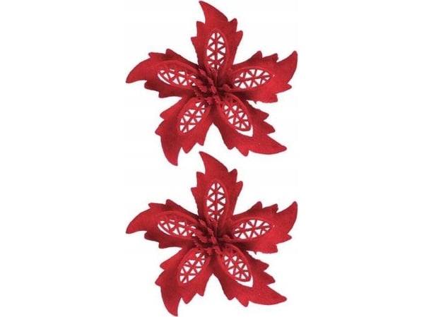 Julepynt Titanum juleblomst/poinsettia flokkert på tråd rød 2 stk