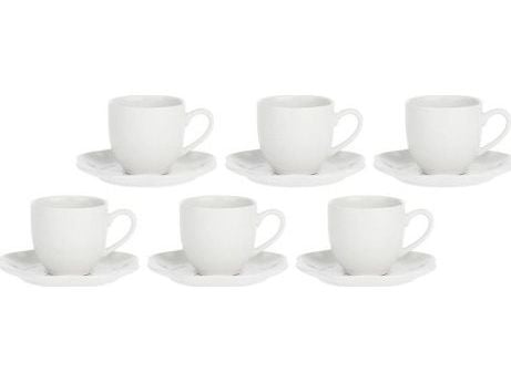 Hvit porselen 6 kopper med blomsterdesign og asjetter - hvit, 85 ml