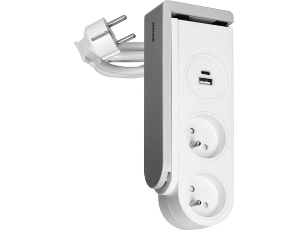 Orno pöytätietokoneen virtajohto, jossa on USB-laturi ja jousiklipsi